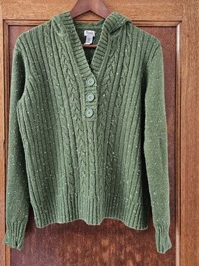 ​G.H. Bass & Co. Green Cable Knit Hooded Sweater Button V-Neck Speckled Large